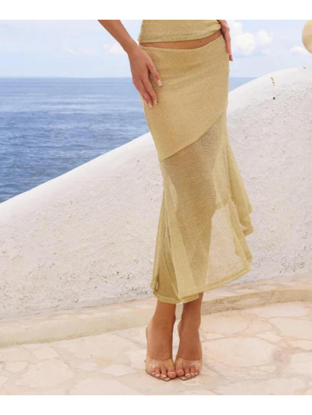 Runaway The Label Elaine Flounce Midi Skirt in Gold size L NWT $99msrp